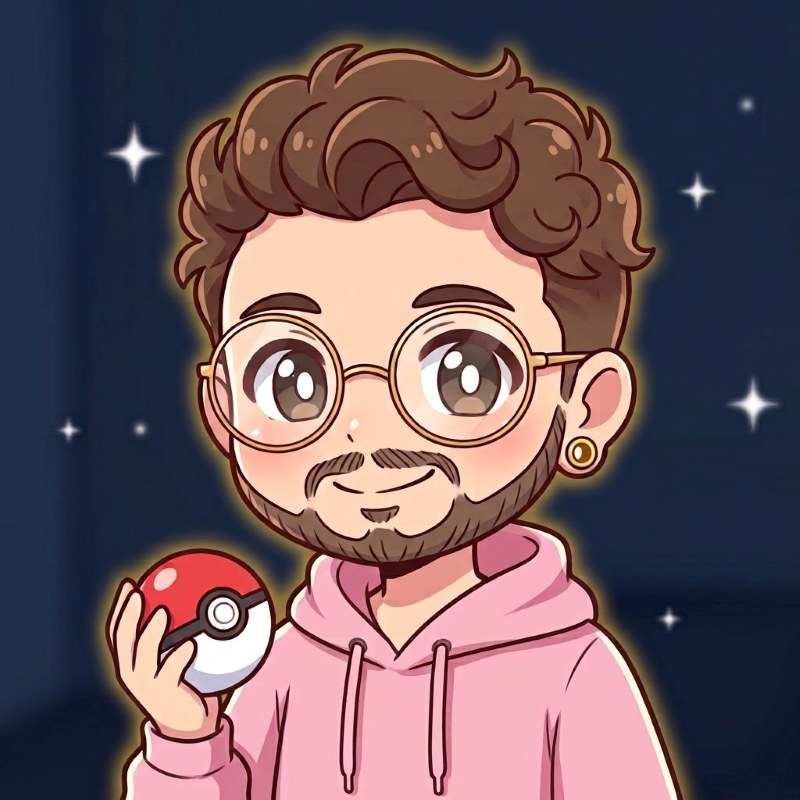 Illustrated cartoon of Caspian in a pink hoodie, holding a Poké Ball